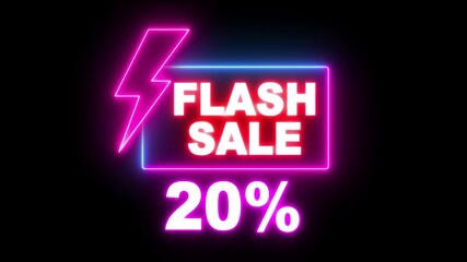 Flash sale neon light sign, purple and blue colors, Glowing neon line of FLASH SALE 20% sign banner for promo video. Shopping, great discount and clearance, social media, communication.  - Powered by Adobe