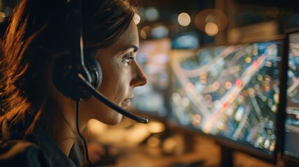 Focused professional wearing a headset monitors multiple computer screens displaying complex data in a control room environment.