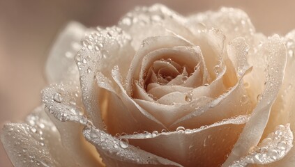 Close-up of a delicate cream-colored rose, covered in water droplets