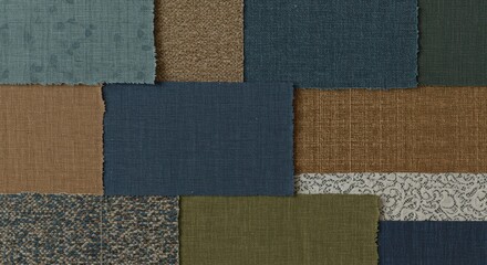 Fototapeta premium Patches of cloth, squares, colors blues, browns, and greens. Texture and variety in a muted palette