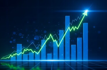 Upward trending financial graph with rising stock market bars and arrow