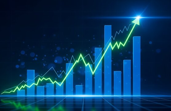 Upward trending financial graph with rising stock market bars and arrow