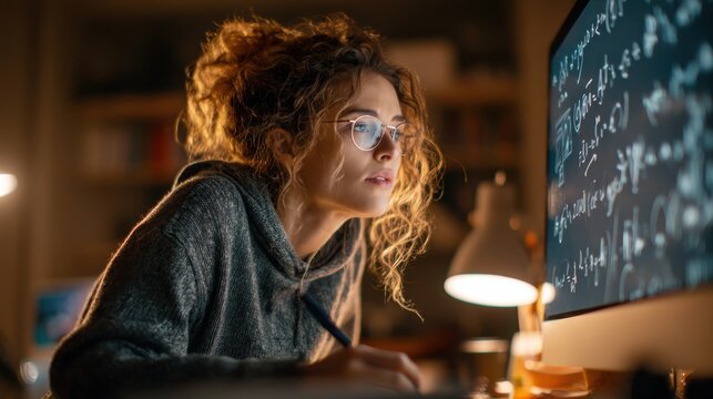 Focused woman with curly hair and glasses intently studies complex equations displayed on a computer screen in a dimly lit room.