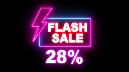28% Flash sale shopping neon sign fluorescent light glowing banner background. The best stock neon flickering, blinking color for store or bar, Text flash sale by neon lights signboard. - Powered by Adobe