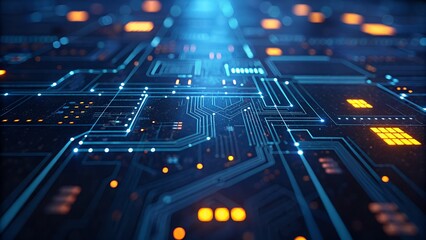 Glowing digital circuit board with data flow and light