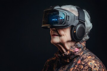Senior woman experiencing virtual reality with a VR headset and headphones, engaging with immersive technology