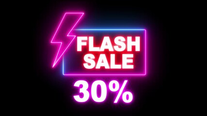 30% Flash sale shopping neon sign fluorescent light glowing banner background. The best stock neon flickering, blinking color for store or bar, Text flash sale by neon lights signboard.  - Powered by Adobe
