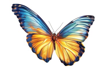Very beautiful blue yellow orange butterfly in flight isolated on a transparent background.