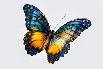Very beautiful blue yellow orange butterfly in flight isolated on a transparent background.