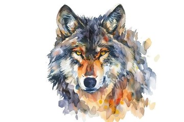 Watercolor colorful wolf with yellow eyes isolated on white background. Fairy wolf watercolor portrait. Colorful wolf illustration.