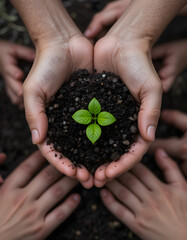 Hands of People Holding a Small Young Plant with Soil