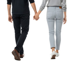 Fototapeta premium Young couple holding hands walking forward together, symbolizing partnership, journey, and connection in a modern, casual style