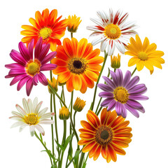 Colorful daisy bouquet, vibrant blooms, studio shot, black background, floral arrangement for greeting cards