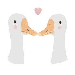 Geese couple in love. I love you and Valentine day design element. Vector isolated illustration.