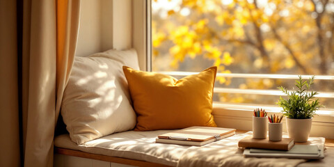 Cozy Window Seat with Mustard Yellow Pillows and Blurred Autumn Leaves Outside