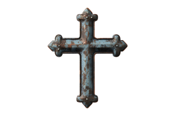 Old copper christian cross isolated on a transparent background