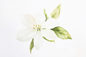 Obraz premium Minimalist watercolor painting capturing the elegance of a single jasmine flower with delicate green leaves on a pristine white background