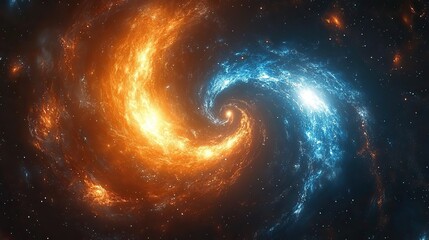 Colliding galaxies with orange-blue cosmic flames, epic dark space scene in cinematic rendering style