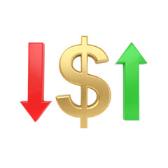 Obraz premium Golden Dollar Sign Symbol Between Red Downward Arrow and Green Upward Arrow Indicating Market Fluctuations