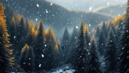 Naklejka premium Snowy pine forest at sunrise