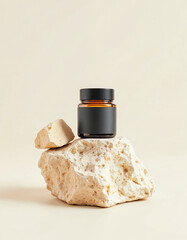 Minimalist Amber Dropper Bottle on Textured Rocks with Neutral Background