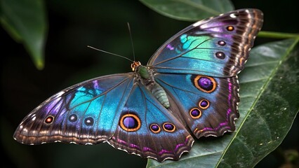 Stunning iridescent blue morpho butterfly with intricate wing patterns resting on green leaves in a tropical setting