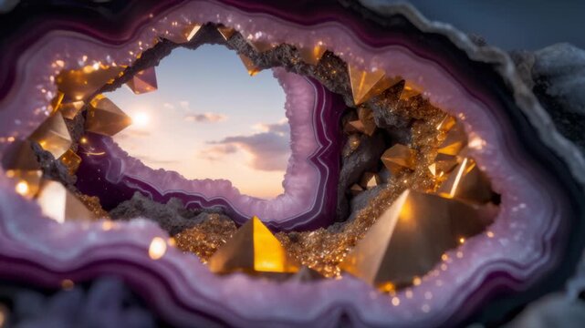 Golden pyramid crystals in geode