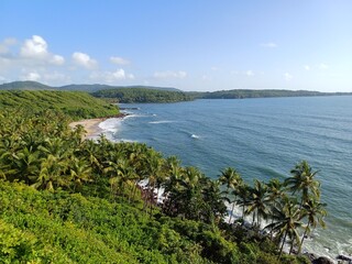 view of the Goa coast of the Arabian Sea and palm trees.