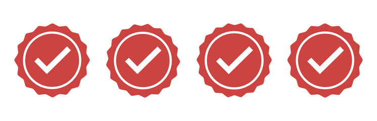 Vector art of four red verified badge icons with a white check mark isolated on white background, representing approval, confirmation, and success in various contexts and applications