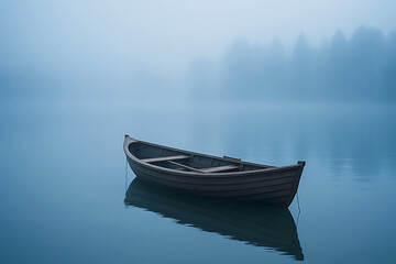 Naklejka premium Empty Wooden Rowboat Floating on a Misty Blue Lake with Forest Silhouette water