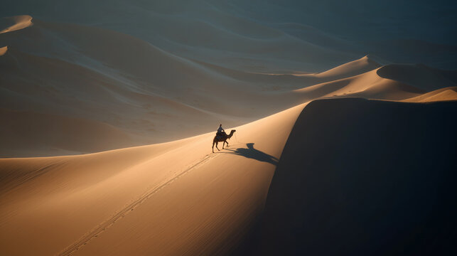 A lone camel and rider traversing the vast expanse of golden sand dunes in the desert landscape