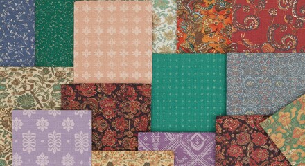 Varied fabric swatches with floral and geometric patterns stacked randomly