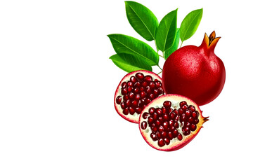 Whole and halved ripe pomegranate with green leaves
