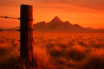 Rustic wooden fence post with barbed wire in a vibrant orange sunset over a grassy field and distant mountains