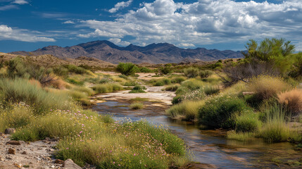 A scenic view of a flowing stream through a desert landscape with mountains in the distance under cloudy skies