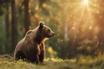 Wild Brown Bear in the summer forest. Animal in natural habitat. Wildlife scene.