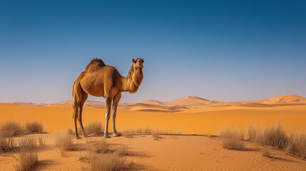 A camel standing in a desert landscape with sand dunes and a clear blue sky in the background view