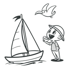 Icon of small happy boy with a boat for graphic design.eps