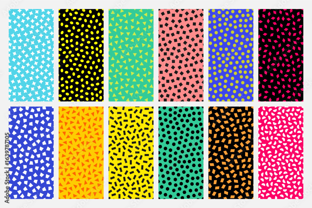 Wall mural collection of bright colorful simple seamless patterns with dots and symbols. minimalistic vibrant f