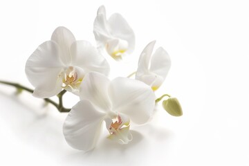 White orchid flower macro shot, isolated white background, spa wellness zen theme.