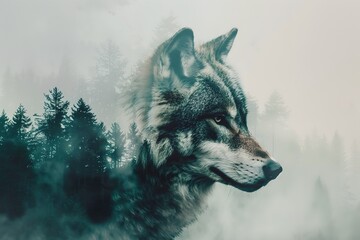 Wolf in a foggy forest, double exposure