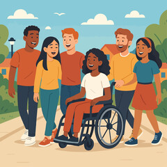 Obraz premium A diverse group of friends, including a woman in a wheelchair, walking together outdoors.