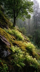 Obraz premium Mossy hillside with a tree and wildflowers in a misty forest environment