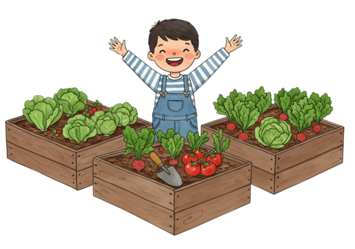 Happy child with arms raised in a garden with raised beds isolated on transparent background - Powered by Adobe