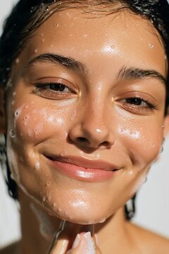 Gentle close-up of a young woman cleansing her face with foam, smiling with closed eyes. Soft light and fresh beauty concept