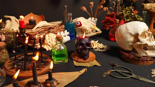 Witchcraft composition selective focus with candles lights, magic items tools and symbols.  Occult and esoteric concept. Mystic Halloween. Magic chemistry and witch craft.