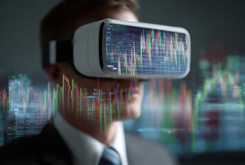 Immersed in data analysis, a professional uses virtual reality to visualize complex financial market trends and make informed investment decisions.