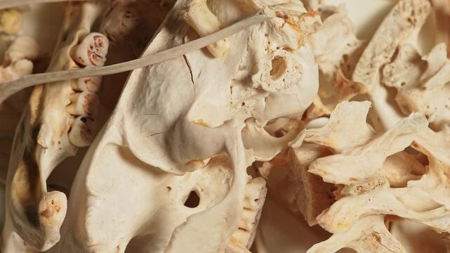 Slow motion of animal bone tissues. Multiple skeleton bones and skull of dead animal. Random animal body bones on a white plate. Craft and hobby for shamanic witchcraft wind chime made of bones.