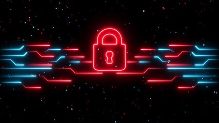 Glowing digital lock icon with neon circuits symbolizing cybersecurity and protection. plexus network, secure technology 4k video footage. - Powered by Adobe