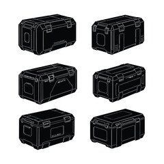 Collection of isometric science fiction military crates and high-tech futuristic containers. Vector line art illustrations isolated.